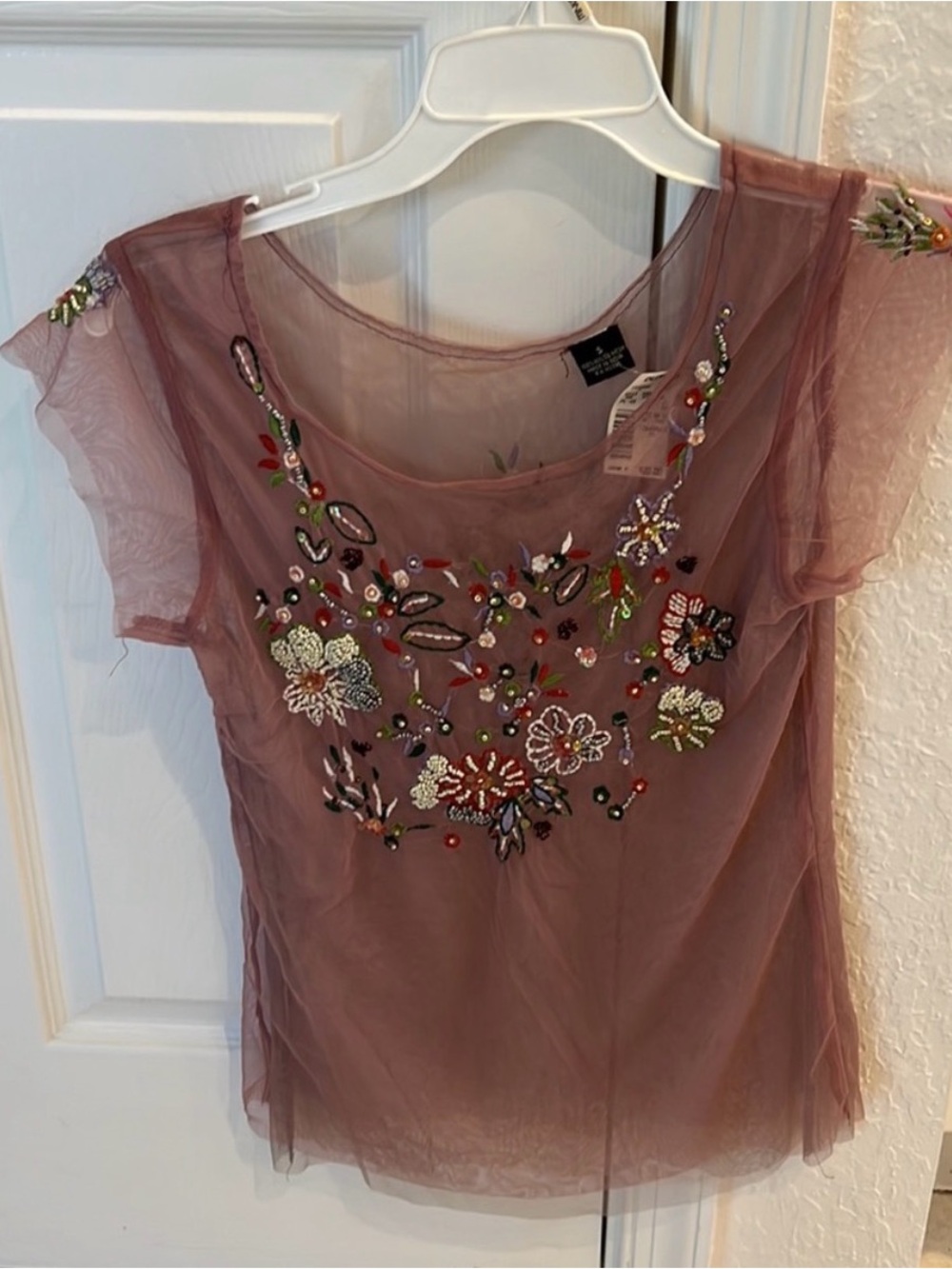 Embroidered Floral Beaded Shirt- SMALL pink